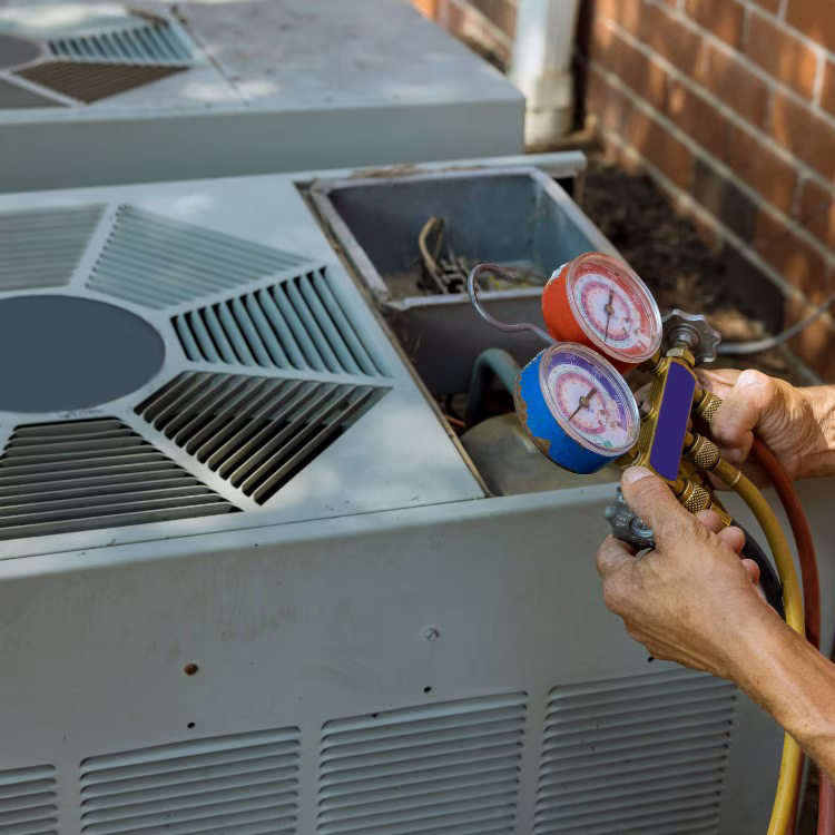 HVAC technician checking refrigerant pressure during air conditioning service